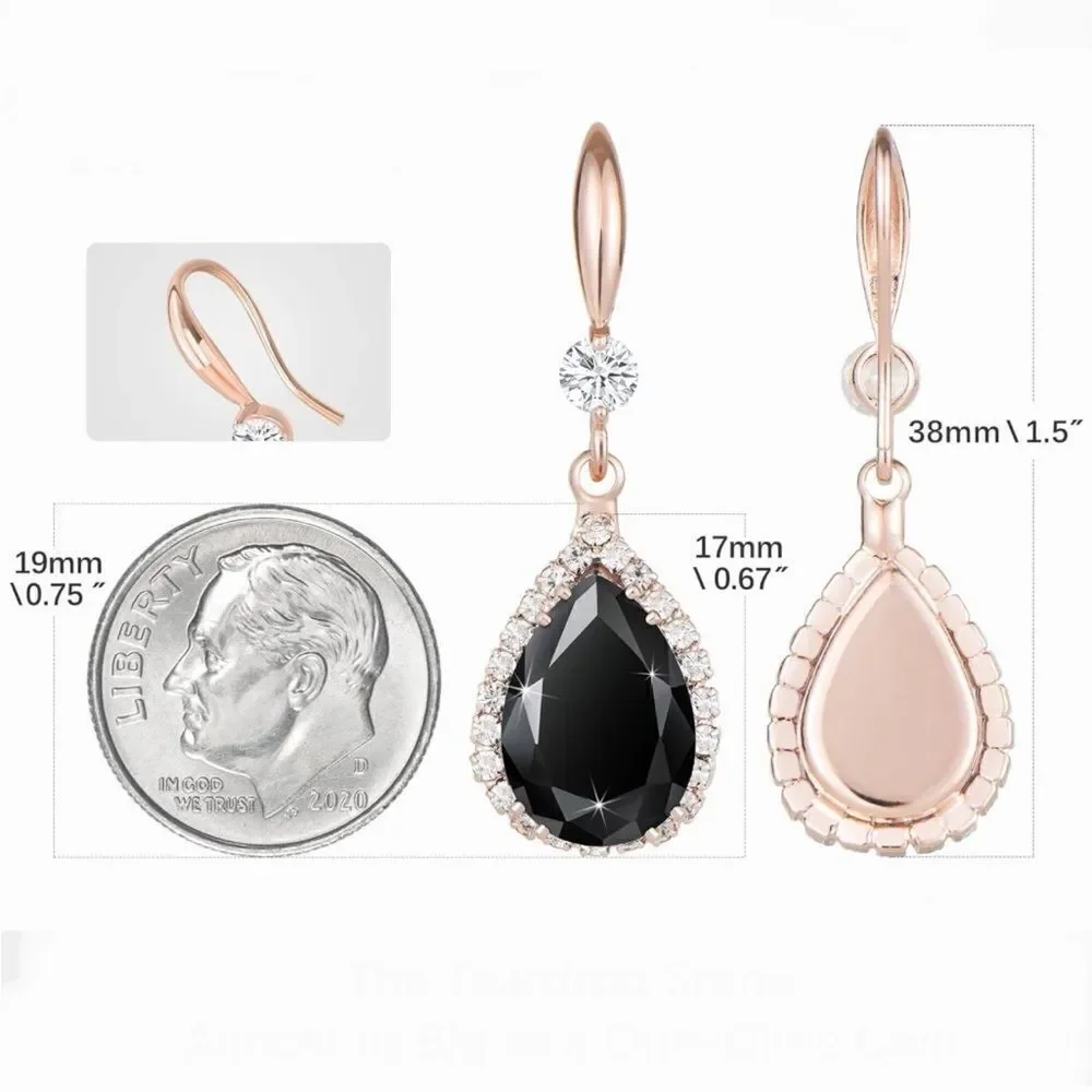 14K Rose Gold with Black Onyx Cubic Zirconia Teardrop Hook Dangling Earrings
